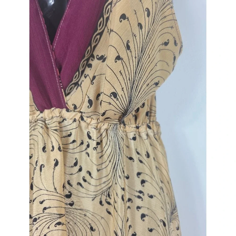 Silk Maxi Dress Womens OS Tan Patchwork Boho Festival Gypsy Ethnic Hippie
